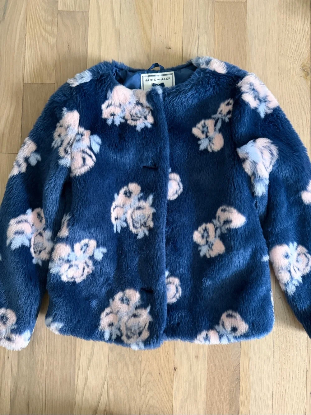 Janie and Jack navy blush floral faux fur coat size 5 to 6